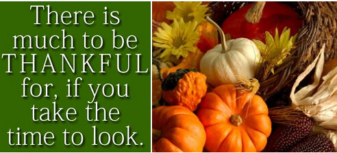 In a green box on the left, in white letters: "There is much to be THANKFUL for, if you take the time to look."
On the right, a collection of small pumpkins, fall flowers and red corn.