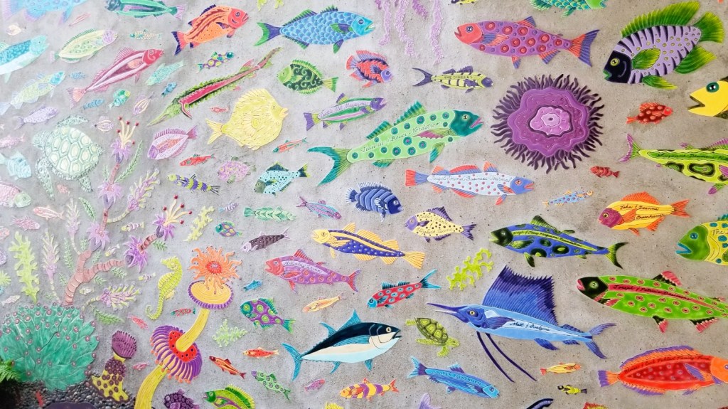 Mural of hand painted fish of various types.