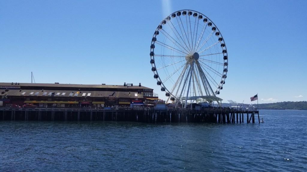 The Great Wheel in Seattle as seen from the pier near the Seattle Aquarium.