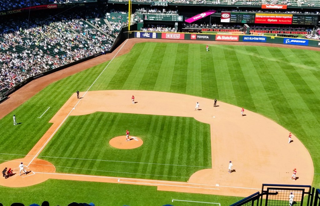 T-Mobile Ballpark with the Seattle Mariners versus the Los Angeles Angels on the field.